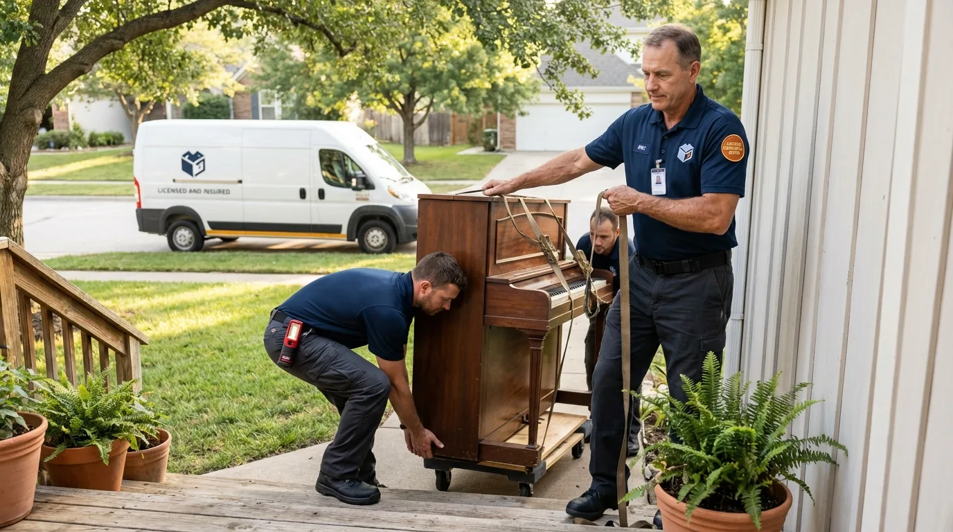 Licensed piano movers securing grand piano in Aberdeen, SD
