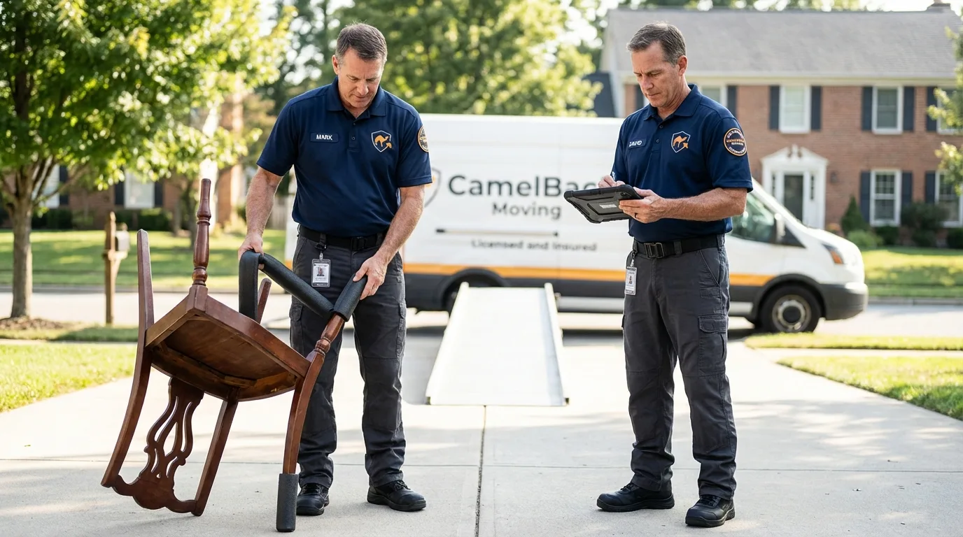 Movers inspecting furniture for damage prevention before loading in Aberdeen, SD