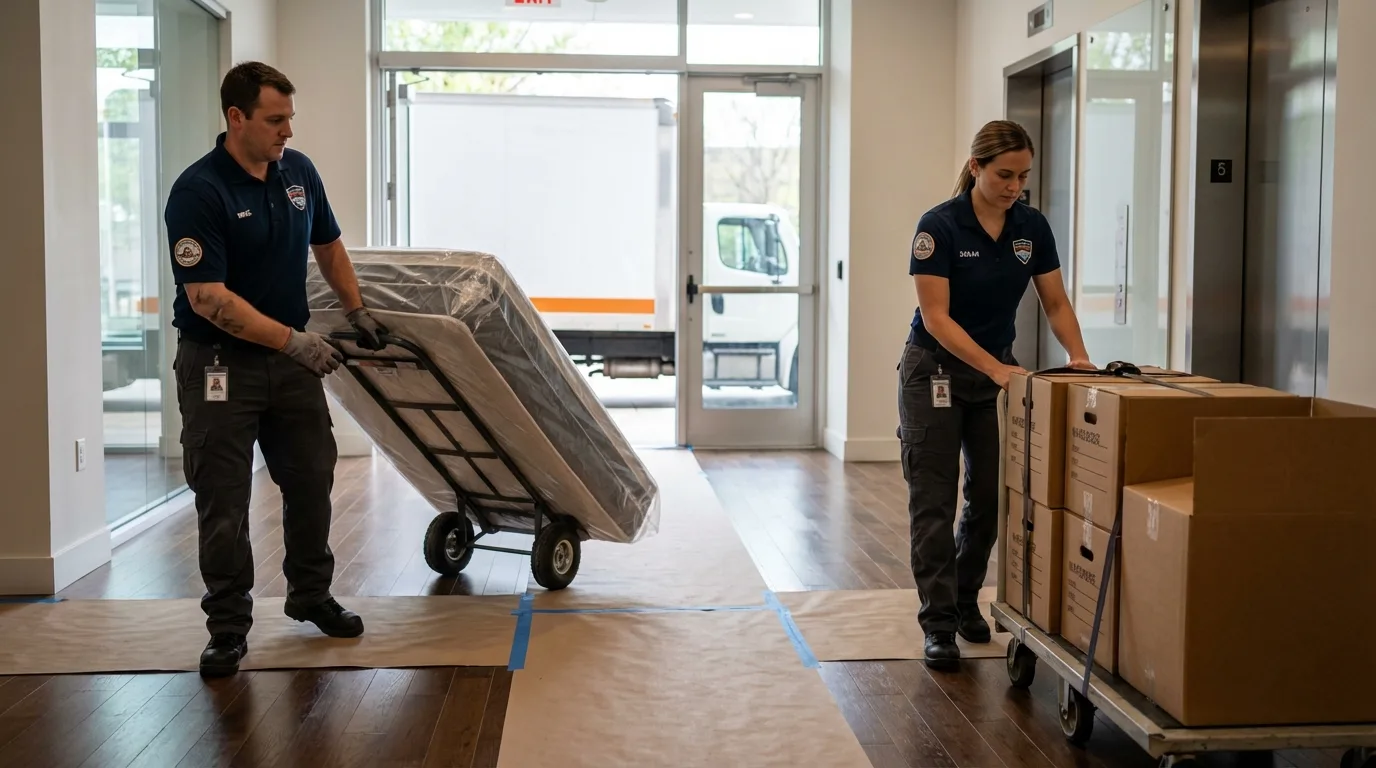 Professional apartment movers loading elevator in Aberdeen, SD